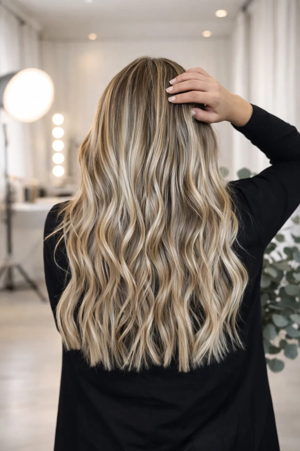 Long blonde balayage Mago Method extensions, photographed in studio
