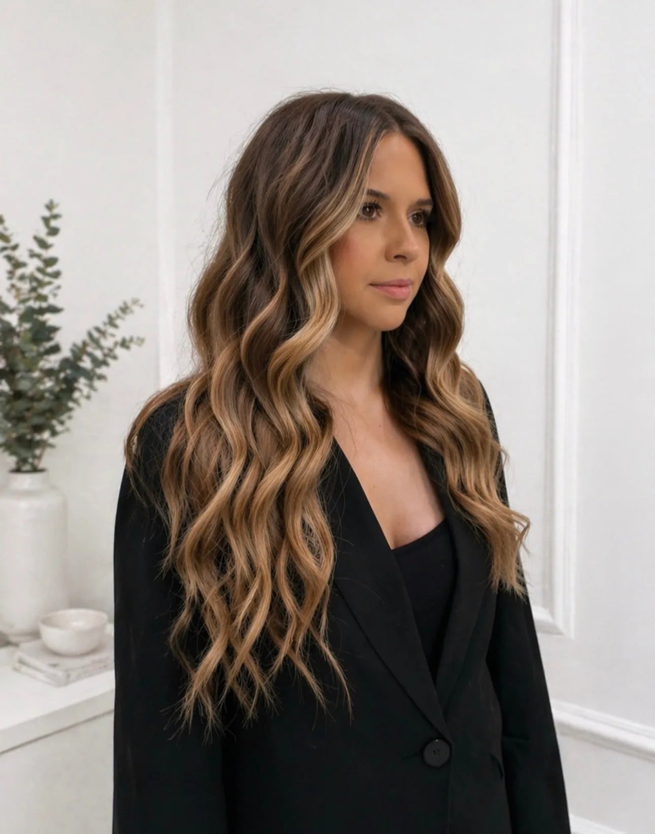 Client with long wavy chocolate balayage Mago Method extensions