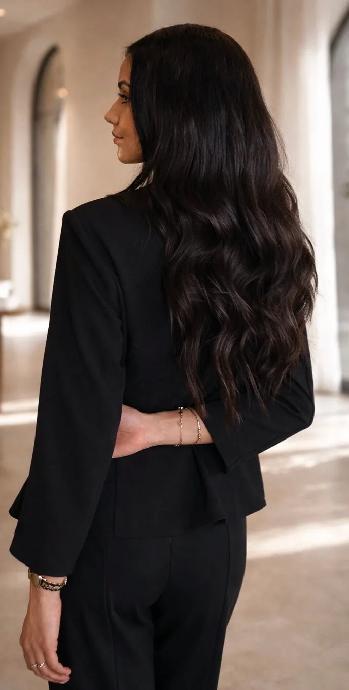 Side profile of client with long sleek black Mago Method extensions