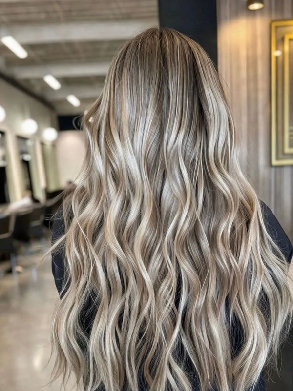 Long wavy blonde balayage Mago Method extensions, salon back view