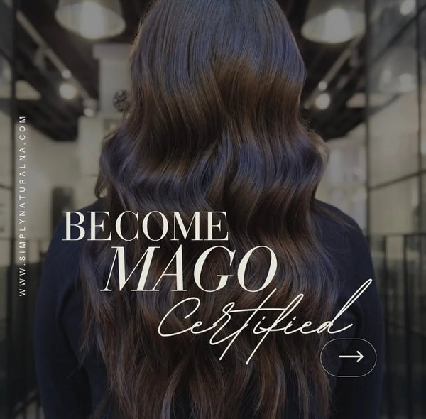 Become Mago Certified promotional graphic over wavy brunette extensions