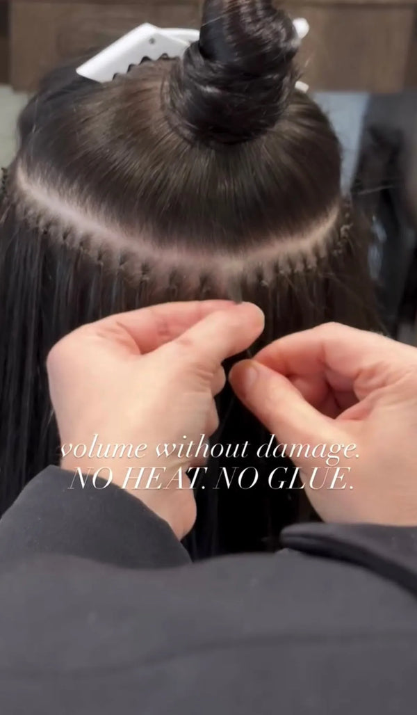 Close-up of Mago Method knot application with text reading volume without damage, no heat, no glue
